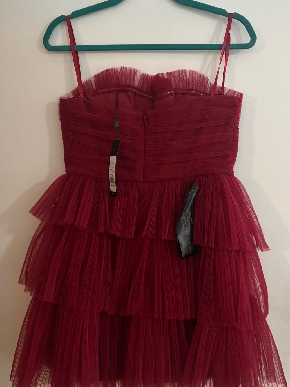 BCBGMaxAzria Burgundy Strapless Tiered Tulle Dress